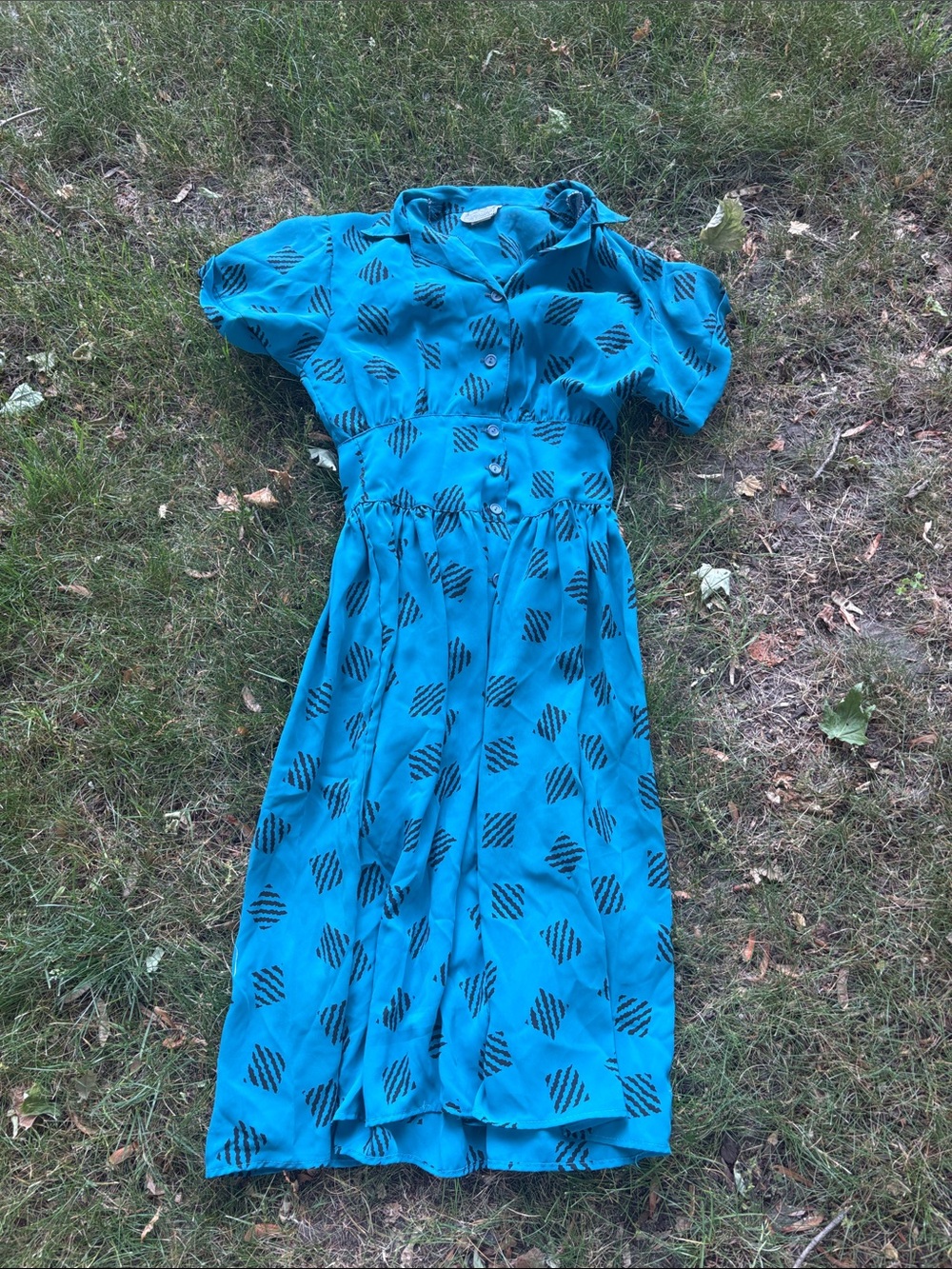 Bright Teal Short-Sleeve Button Front Midi Dress